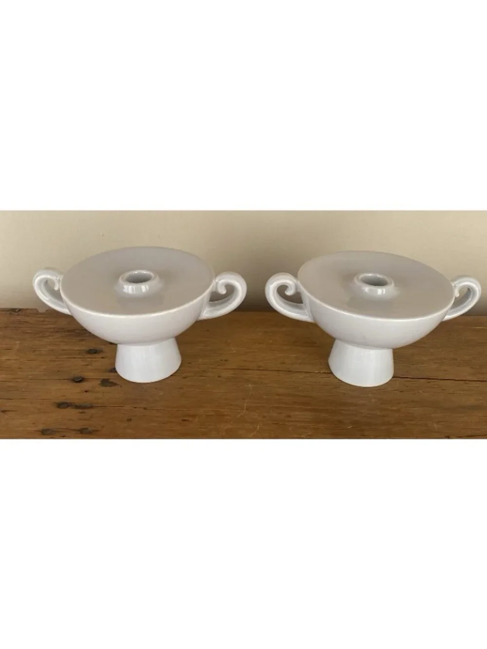 Matching MCM Haeger Pottery Candlesticks Grayish White 7.5” Width 4” Height